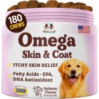 Natural Dog Company Omega Chews for Dogs Skin and Coat Support with Salmon Oil and Fatty Acids, Helps Itchy Skin, Dryness, Shedding, Supports Joints, Heart,Immune System & Overall Health (180 cnt)